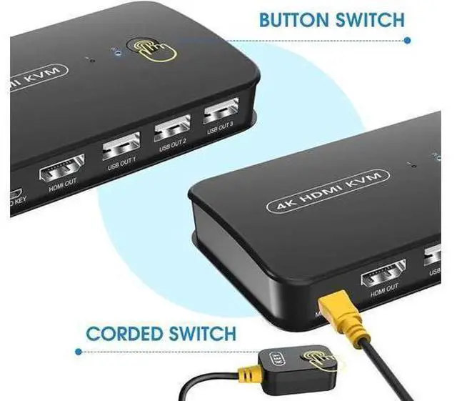 Alt view image 5 of 7 - 2 Port HDMI KVM Switch Box 4K@30Hz, 2 Computers Share 1 HD Monitor Keyboard Mouse Printer, Equipped with Wired Controller & KVM Cables