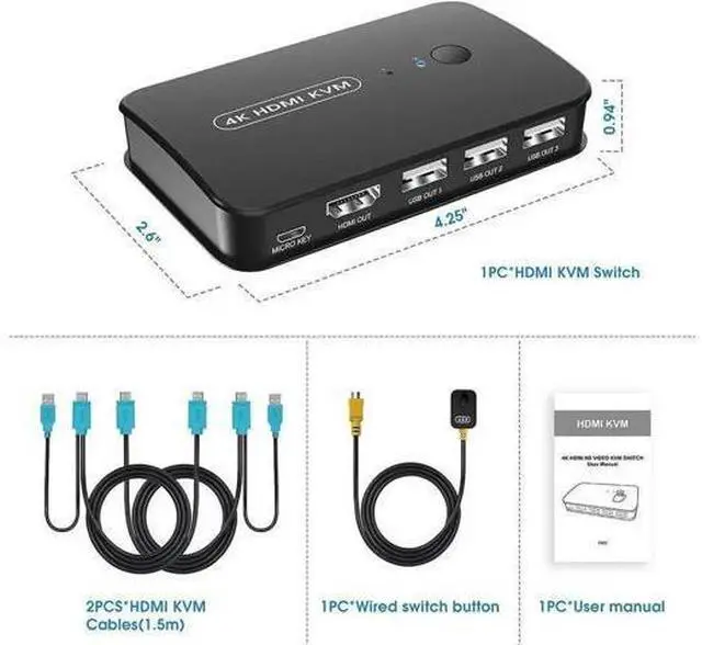 Alt view image 7 of 7 - 2 Port HDMI KVM Switch Box 4K@30Hz, 2 Computers Share 1 HD Monitor Keyboard Mouse Printer, Equipped with Wired Controller & KVM Cables