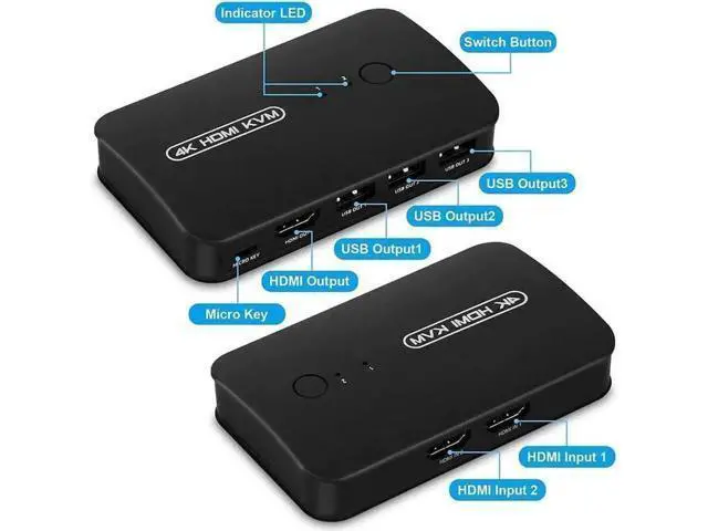 Alt view image 3 of 6 - 2-Port HDMI KVM Switch, 2 PCs Share One 4K Monitor, Keyboard, Mouse & Printer, 2 KVM Cables Included