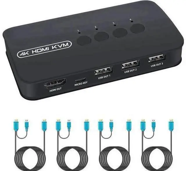Main image of 4-Port HDMI KVM Switch, 4 PCs Share One 4K Monitor, Keyboard, Mouse & Printer, 4 KVM Cables Included