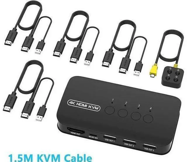 Alt view image 2 of 7 - 4-Port HDMI KVM Switch with 3 USB 2.0 Ports, 4K/2K@30Hz, Comes with 4 KVM Cables & Desktop Controller for 4 PCs Sharing One Monitor Keyboard Mouse