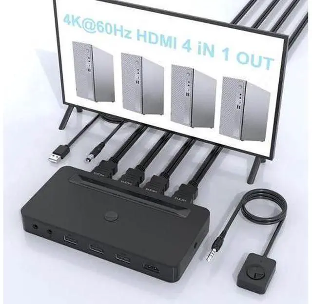 Main image of 4 Port 4K HDMI KVM Switch for 4 Computers Share 1 Monitor, 3 USB Ports & Dual 3.5mm Audio Jacks, 4 HDMI Cables & Remote Control Included