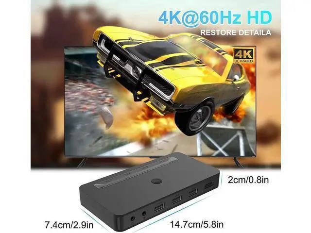 Alt view image 7 of 7 - 4 Port 4K HDMI KVM Switch for 4 Computers Share 1 Monitor, 3 USB Ports & Dual 3.5mm Audio Jacks, 4 HDMI Cables & Remote Control Included