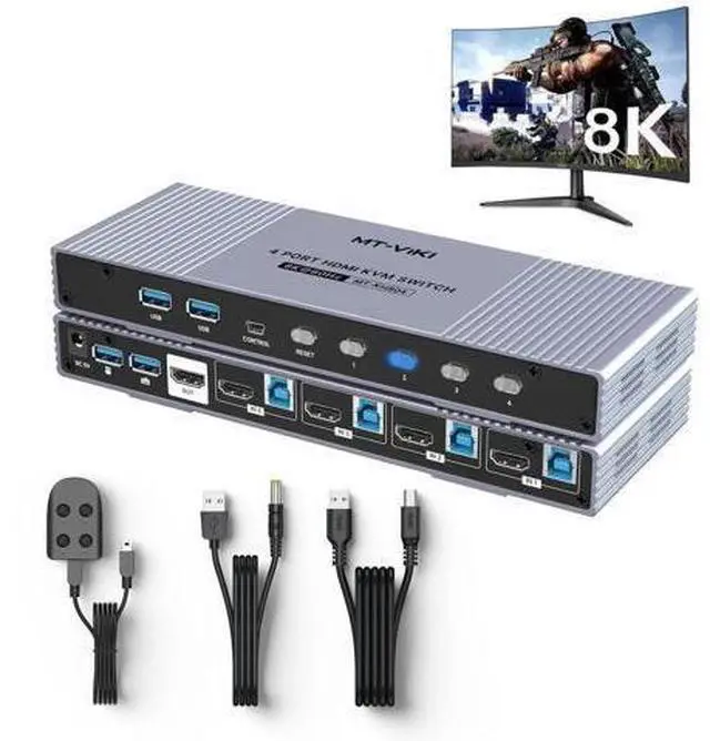 Main image of MT-VIKI 4-Port HDMI2.1 USB3.0 KVM Switch, Aluminum Shell, 8K@60Hz/4K@120Hz/144Hz HDR Gaming KVM, 4 USB3.0 Cables Included