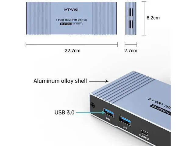 Alt view image 2 of 6 - MT-VIKI 4-Port HDMI2.1 USB3.0 KVM Switch, Aluminum Shell, 8K@60Hz/4K@120Hz/144Hz HDR Gaming KVM, 4 USB3.0 Cables Included