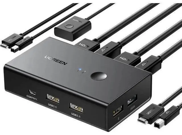 Main image of UGREEN 2 Port HDMI KVM Switch 4K@60Hz, 2 Computers Share 1 Monitor & 4 USB Ports for Keyboard Mouse Printer, KVM Switcher with Wired Desktop Controller, 2 HDMI Cables + 2 USB Cables Included