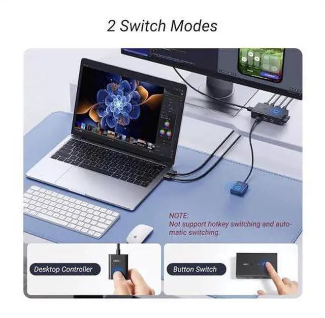 Alt view image 6 of 7 - UGREEN 2 Port HDMI KVM Switch 4K@60Hz, 2 Computers Share 1 Monitor & 4 USB Ports for Keyboard Mouse Printer, KVM Switcher with Wired Desktop Controller, 2 HDMI Cables + 2 USB Cables Included