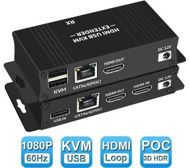 Main image of HDMI KVM Over IP Extender Kit, 1080P@60Hz HD Video Transmission via Cat5e/Cat6 Ethernet Cable Up to 60m/196ft, Support Remote Keyboard & Mouse Control