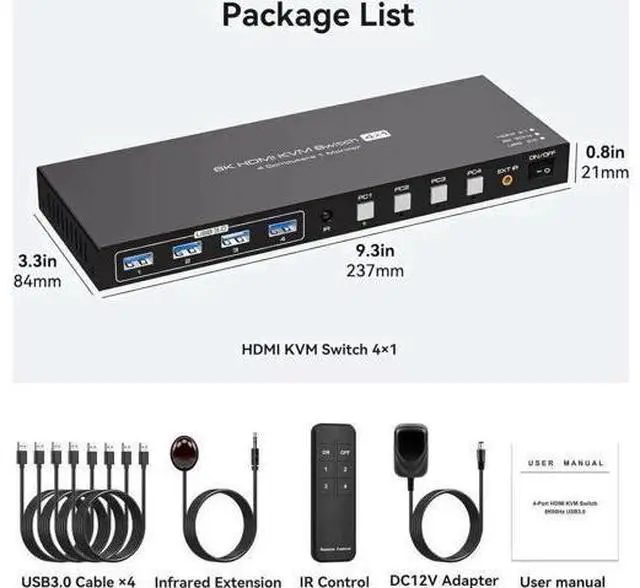 Alt view image 3 of 7 - 4 Port HDMI USB3.0 KVM Switch 8K@60Hz/4K@120Hz, 4-In-1-Out Single Monitor KVM Switch for 4 PCs, With 4 USB Cables & Wireless Remote Controller