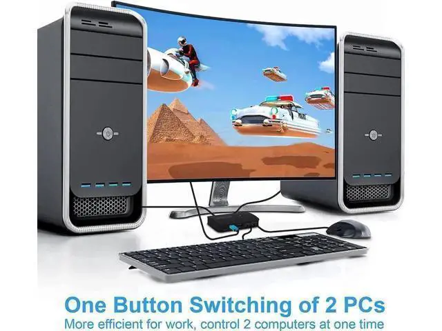 Alt view image 3 of 7 - 2-Port HDMI KVM Switch, 2 PCs Share One 4K Monitor, Keyboard, Mouse & Printer, With Wired Controller & 2 KVM Cables