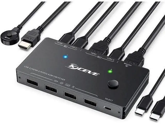 Main image of 2 Port USB-C & HDMI KVM Switch 4K@60Hz, 100W PD, Thunderbolt 3 Compatible, 4 USB Ports for 2 PCs Share 1 Monitor, Wired Remote & 3 Cables Included