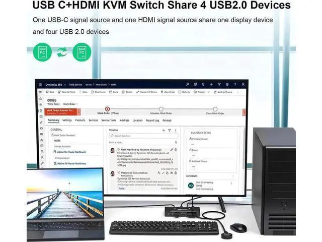 Alt view image 4 of 7 - 2 Port USB-C & HDMI KVM Switch 4K@60Hz, 100W PD, Thunderbolt 3 Compatible, 4 USB Ports for 2 PCs Share 1 Monitor, Wired Remote & 3 Cables Included