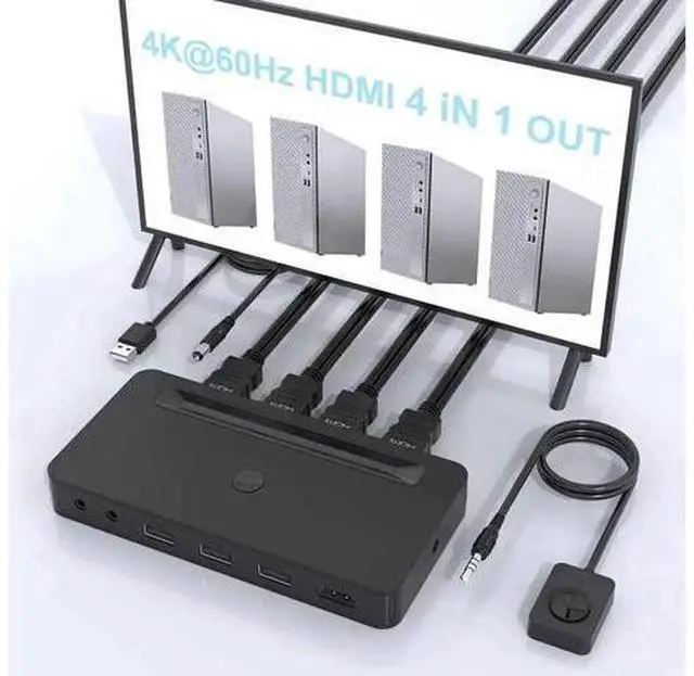 Main image of 4-Port Single HDMI KVM Switch 4K, 3 USB Ports & Dual 3.5mm Audio Jacks, 4 HDMI Cables + Remote Controller Included