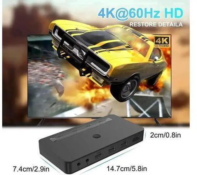 Alt view image 5 of 7 - 4-Port Single HDMI KVM Switch 4K, 3 USB Ports & Dual 3.5mm Audio Jacks, 4 HDMI Cables + Remote Controller Included