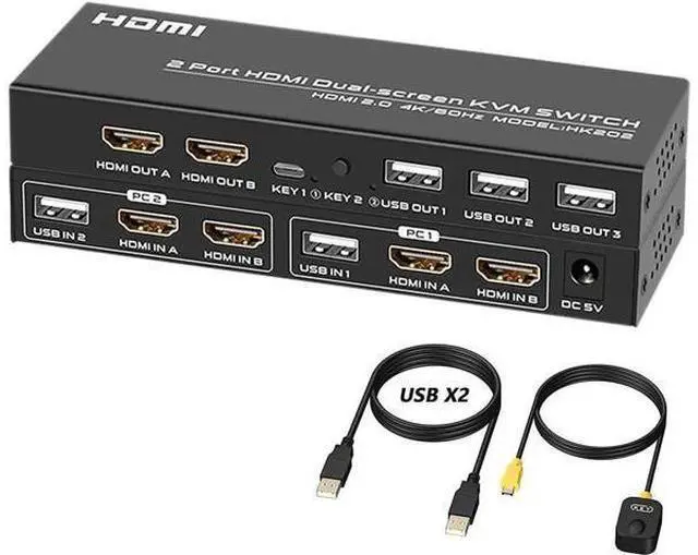 Main image of 2-Port Dual HDMI KVM Switch 4K@60Hz, 3 USB2.0 Ports, Desktop Controller & USB Cables Included