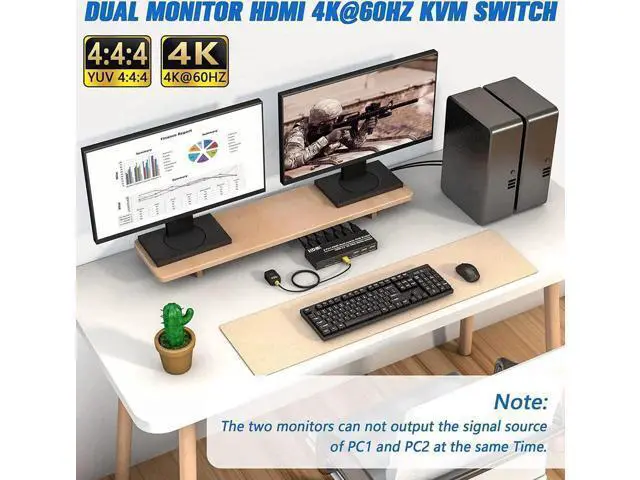 Alt view image 4 of 7 - 2-Port Dual HDMI KVM Switch 4K@60Hz, 3 USB2.0 Ports, Desktop Controller & USB Cables Included