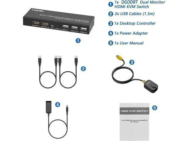 Alt view image 3 of 7 - 2-Port Dual HDMI KVM Switch 4K@60Hz, 3 USB2.0 Ports, Desktop Controller & USB Cables Included