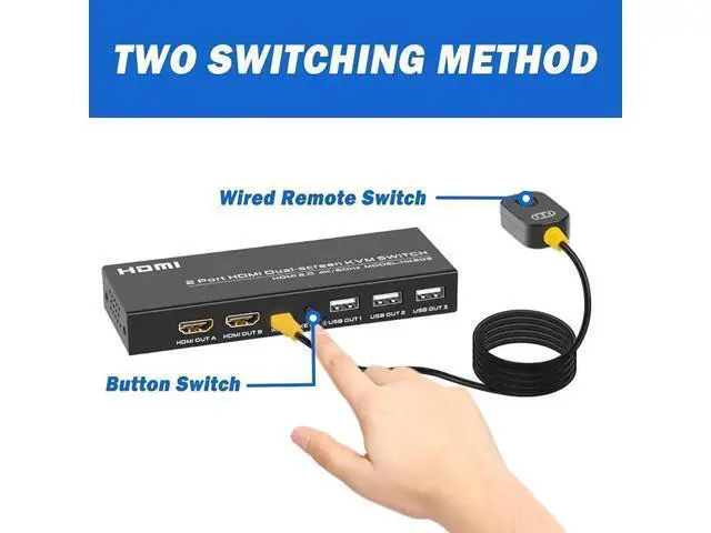 Alt view image 7 of 7 - 2-Port Dual HDMI KVM Switch 4K@60Hz, 3 USB2.0 Ports, Desktop Controller & USB Cables Included
