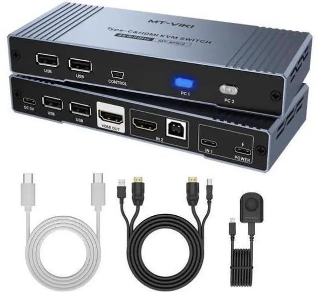 Main image of MT-VIKI 2-Port Hybrid USB-C HDMI KVM Switch 4K@60Hz, 65W PD Charging, Compatible with MacBook & Desktop PC, Complete Cables Included