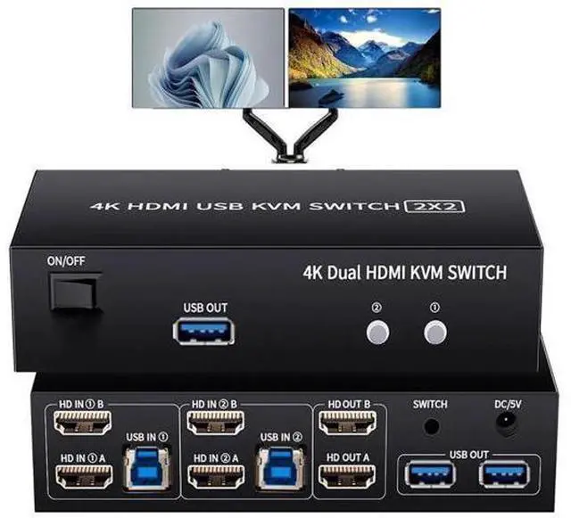 Main image of 2 Port Dual Monitor HDMI USB 3.0 KVM Switch 4K@60Hz, Support Extended/Mirrored Display, With Button Controller & 2 USB Cables