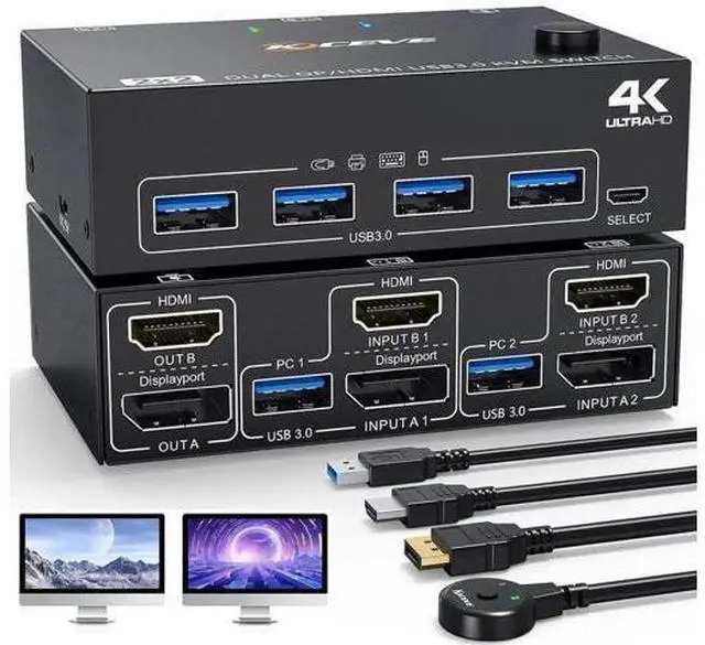Main image of 2PC Hybrid DP+HDMI Dual Monitor USB3.0 KVM Switch, 4K@60Hz/2K@120Hz, 4 USB3.0 Ports, Wired Remote & Full HDMI/DP/USB Cables Included