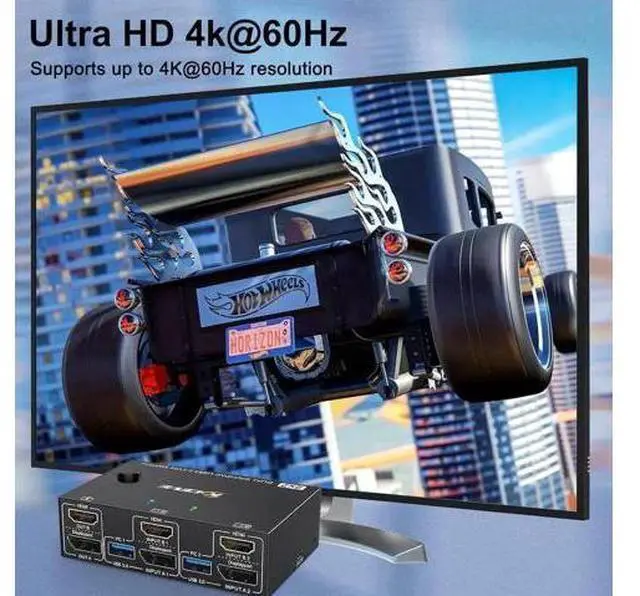 Alt view image 3 of 7 - 2PC Hybrid DP+HDMI Dual Monitor USB3.0 KVM Switch, 4K@60Hz/2K@120Hz, 4 USB3.0 Ports, Wired Remote & Full HDMI/DP/USB Cables Included