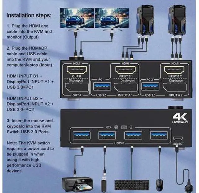 Alt view image 5 of 7 - 2PC Hybrid DP+HDMI Dual Monitor USB3.0 KVM Switch, 4K@60Hz/2K@120Hz, 4 USB3.0 Ports, Wired Remote & Full HDMI/DP/USB Cables Included