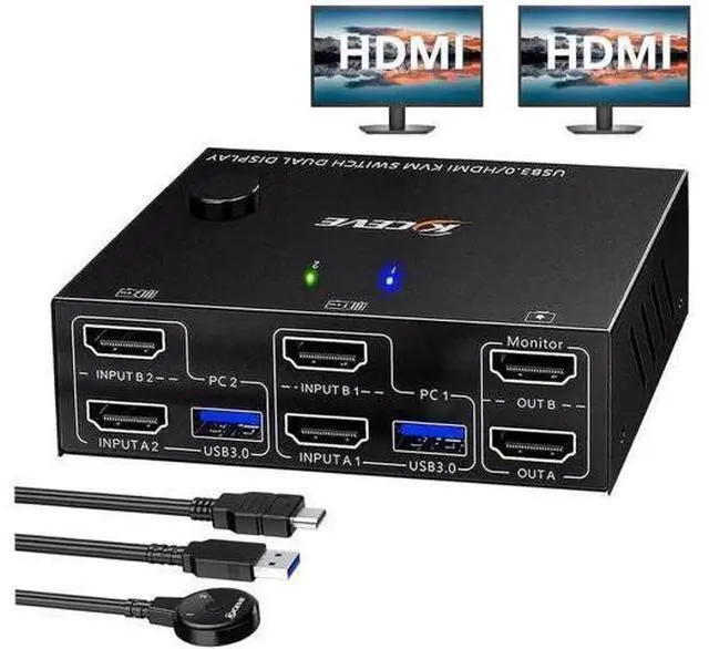 Main image of 2-Port Dual Monitor HDMI USB 3.0 KVM Switch 4K@60Hz with EDID Emulator & Wired Remote, 2 PCs Share 2 Monitors & 4 USB3.0 Devices