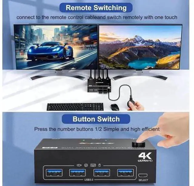 Alt view image 7 of 7 - 2PC Hybrid DP+HDMI Dual Monitor USB3.0 KVM Switch, 4K@60Hz/2K@120Hz, 4 USB3.0 Ports, Wired Remote & Full HDMI/DP/USB Cables Included