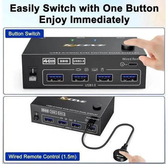 Alt view image 7 of 7 - 2-Port Dual Monitor HDMI USB 3.0 KVM Switch 4K@60Hz with EDID Emulator & Wired Remote, 2 PCs Share 2 Monitors & 4 USB3.0 Devices