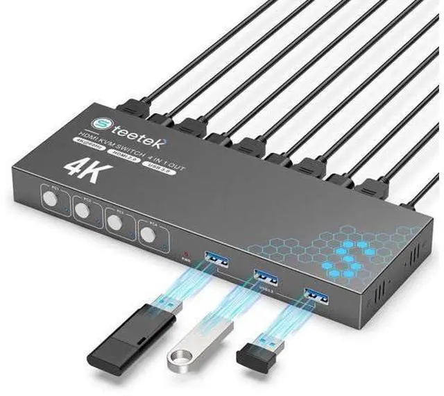 Main image of 4 Port USB 3.0 HDMI KVM Switch 4K@60Hz EDID Adaptive, 4 PCs Share 1 Monitor Keyboard Mouse Printer HDD, with 1 HDMI & 4 USB Cables