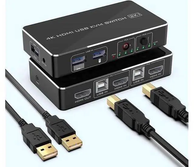 Main image of Rocketek 2-Port HDMI KVM Switch Box with 2 USB 2.0 Ports, 2 PCs Share One 4K@30Hz Monitor, Support Wireless Keyboard & Mouse, 2 USB Cables Included