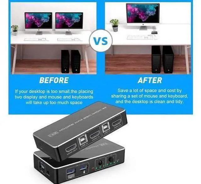 Alt view image 2 of 7 - Rocketek 2-Port HDMI KVM Switch Box with 2 USB 2.0 Ports, 2 PCs Share One 4K@30Hz Monitor, Support Wireless Keyboard & Mouse, 2 USB Cables Included