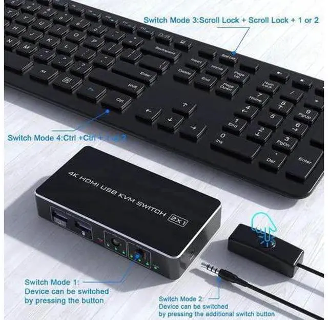 Alt view image 6 of 7 - Rocketek 2-Port HDMI KVM Switch Box with 2 USB 2.0 Ports, 2 PCs Share One 4K@30Hz Monitor, Support Wireless Keyboard & Mouse, 2 USB Cables Included