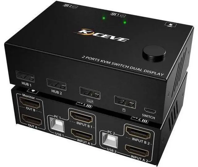 Main image of Dual Monitor HDMI KVM Switch 2 Computers 2 Monitors, 2 Port KVM Switcher with 4 USB Ports, 4K@30Hz 1080P@120Hz Support, Wired Remote Control & USB Cables Included for Keyboard Mouse Printer Scanner