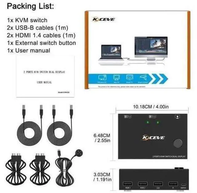Alt view image 4 of 7 - Dual Monitor HDMI KVM Switch 2 Computers 2 Monitors, 2 Port KVM Switcher with 4 USB Ports, 4K@30Hz 1080P@120Hz Support, Wired Remote Control & USB Cables Included for Keyboard Mouse Printer Scanner
