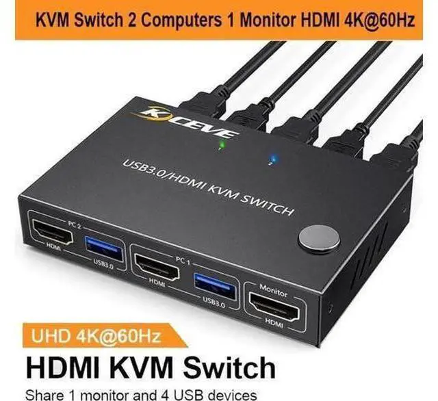 Main image of 2x1 HDMI KVM Switch 4K@60Hz, 2 PCs Share 1 Monitor & 4 USB 3.0 Ports, EDID Emulation Lock Screen, Wired Remote Included