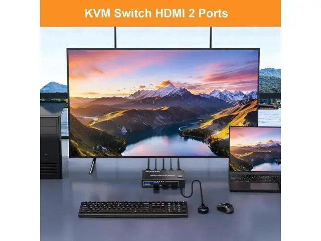 Alt view image 5 of 7 - 2x1 HDMI KVM Switch 4K@60Hz, 2 PCs Share 1 Monitor & 4 USB 3.0 Ports, EDID Emulation Lock Screen, Wired Remote Included