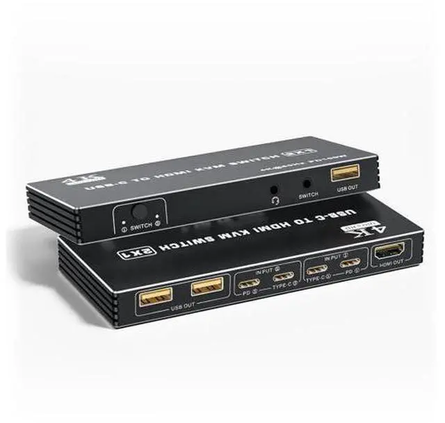 Main image of 2 Port USB-C KVM Switch 4K@60Hz, Type-C to HDMI 2.0 KVM Switcher with 100W PD, 3 USB Ports for 2 Laptops Share 1 Monitor, Controller & 2 USB-C Cables Included
