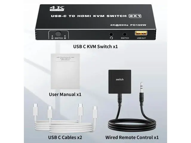 Alt view image 6 of 7 - 2 Port USB-C KVM Switch 4K@60Hz, Type-C to HDMI 2.0 KVM Switcher with 100W PD, 3 USB Ports for 2 Laptops Share 1 Monitor, Controller & 2 USB-C Cables Included