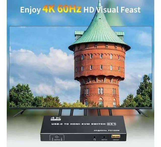 Alt view image 7 of 7 - 2 Port USB-C KVM Switch 4K@60Hz, Type-C to HDMI 2.0 KVM Switcher with 100W PD, 3 USB Ports for 2 Laptops Share 1 Monitor, Controller & 2 USB-C Cables Included
