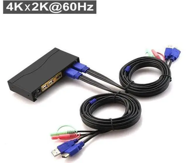 Alt view image 5 of 6 - CKLau 2 Port HDMI 2.0 KVM Switch 4K@60Hz HDR10 EDID, 2 PCs Share Monitor Keyboard Mouse USB 2.0 Devices, With Audio & Cables
