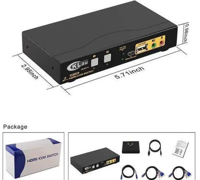 Alt view image 3 of 6 - CKLau 2 Port HDMI 2.0 KVM Switch 4K@60Hz HDR10 EDID, 2 PCs Share Monitor Keyboard Mouse USB 2.0 Devices, With Audio & Cables