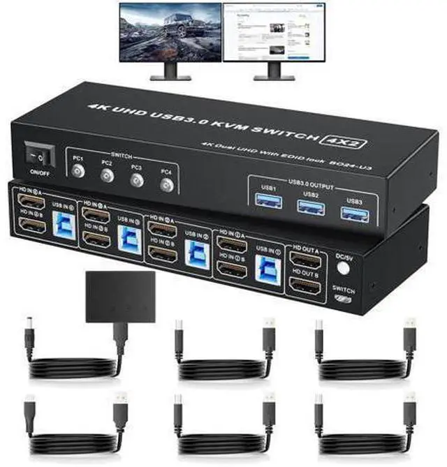 Main image of Vszerda 4-Port Dual HDMI KVM Switch, 4K@60Hz, 3 USB3.0 Ports, Button Controller & 4 USB Cables Included