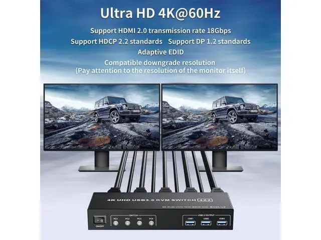 Alt view image 7 of 7 - Vszerda 4-Port Dual HDMI KVM Switch, 4K@60Hz, 3 USB3.0 Ports, Button Controller & 4 USB Cables Included