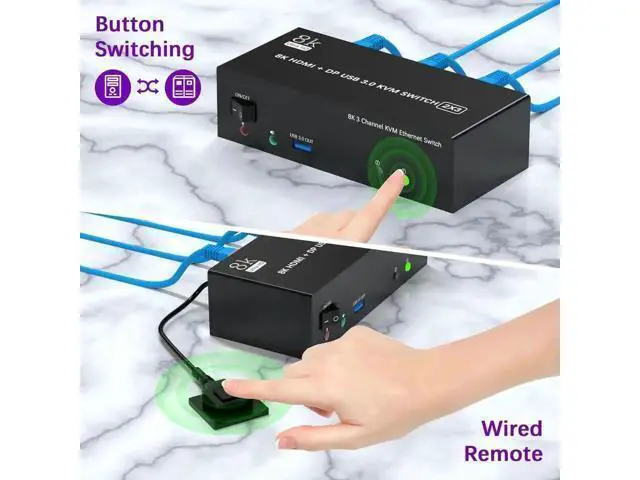 Alt view image 2 of 7 - 2 PCs Triple Monitor KVM Switch 2DP+HDMI 8K@60Hz 4K@144Hz, Built-in 1000Mbps Ethernet, 3 USB3.0 Ports, Audio Mic & Wired Remote Included