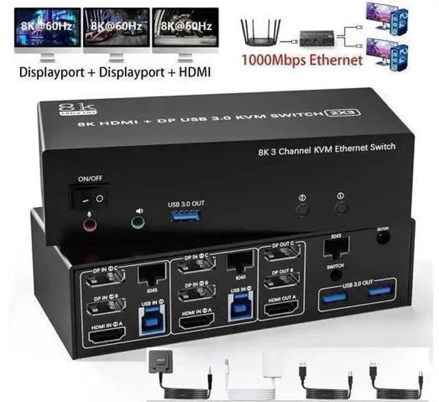 Main image of 2 PCs Triple Monitor KVM Switch 2DP+HDMI 8K@60Hz 4K@144Hz, Built-in 1000Mbps Ethernet, 3 USB3.0 Ports, Audio Mic & Wired Remote Included