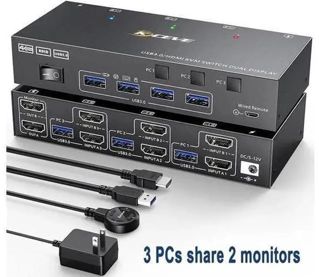 Main image of 3 Port Dual HDMI KVM Switch 3 In 2 Out, USB3.0 4K@60Hz KVM Switcher with EDID Emulator, Wired Remote & Cables Included for 3 PCs Share 2 Monitors Keyboard Mouse Printer