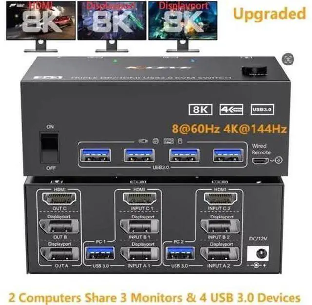 Main image of 2 Port Triple Monitor KVM Switch (2DP+1HDMI), 8K@60Hz 4K@144Hz USB3.0 KVM Switcher with 4 USB3.0 Ports, Wired Remote & USB Cables Included for 2 PCs Share 3 Displays Keyboard Mouse