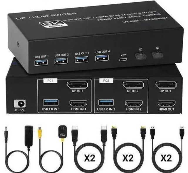 Alt view image 2 of 6 - 2x2 Dual Monitor KVM Switch DP1.4 HDMI2.1 8K@60Hz 4K@120Hz, USB3.0 KVM Switcher for 2 PCs Share Two Displays, Desktop Controller & Full Cables Included